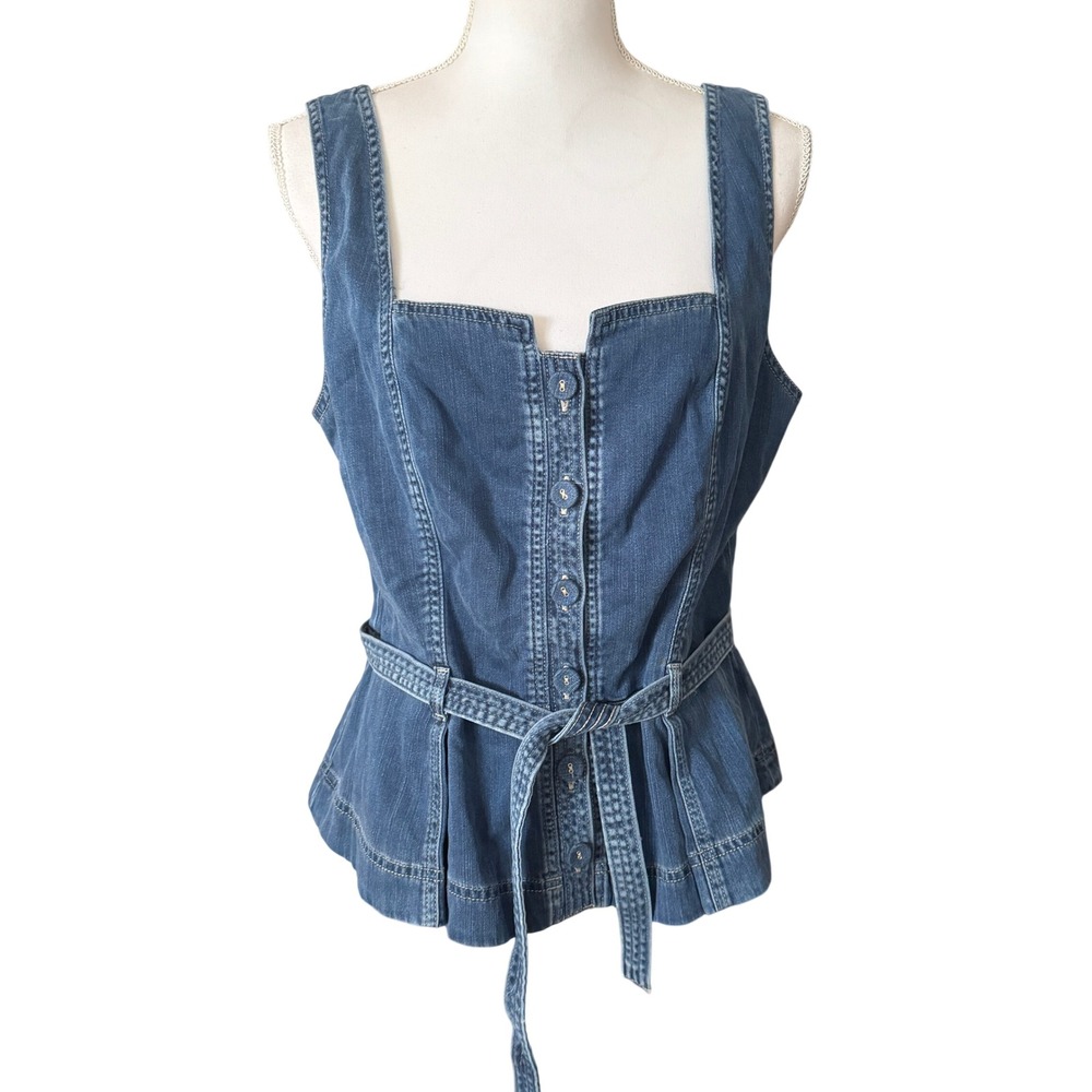 White House Black Market Topstitch Denim Bodice‎ Peplum Belted Top Blue 14 NWT - Picture 5 of 13